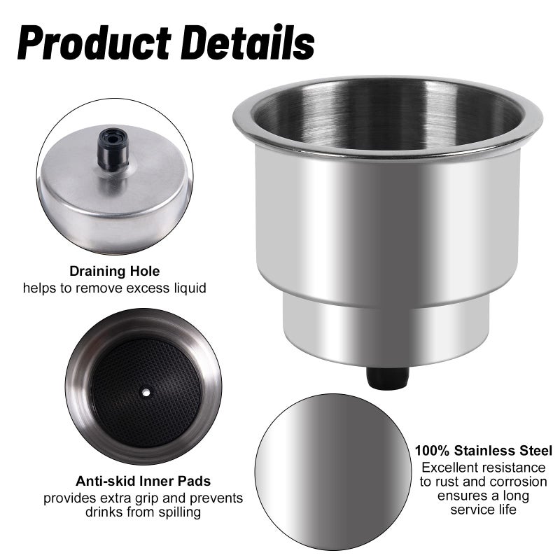 Goture Stainless Steel Cup Drink Holder with Drain Marine Boat RV Camper Rod - Image 3